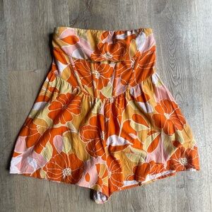 Sky to Moon Strapless Floral Romper Orange Yellow Pink L Boho Festival Vacay